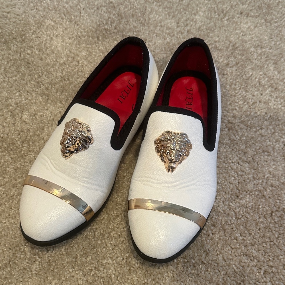 White Slip-On Shoes with Gold Accent